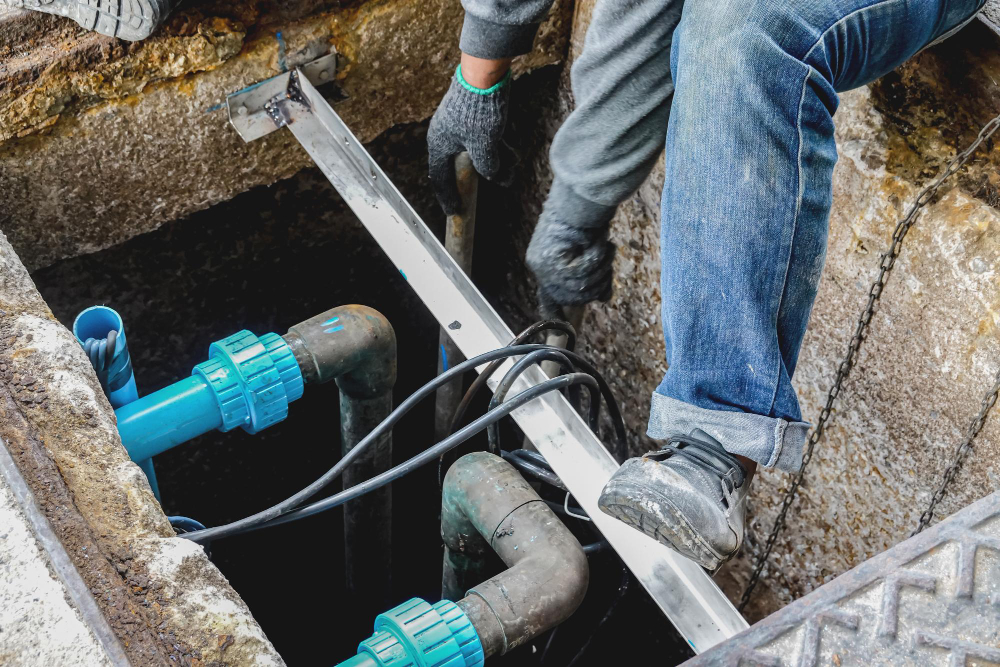 Plumber feeding drain